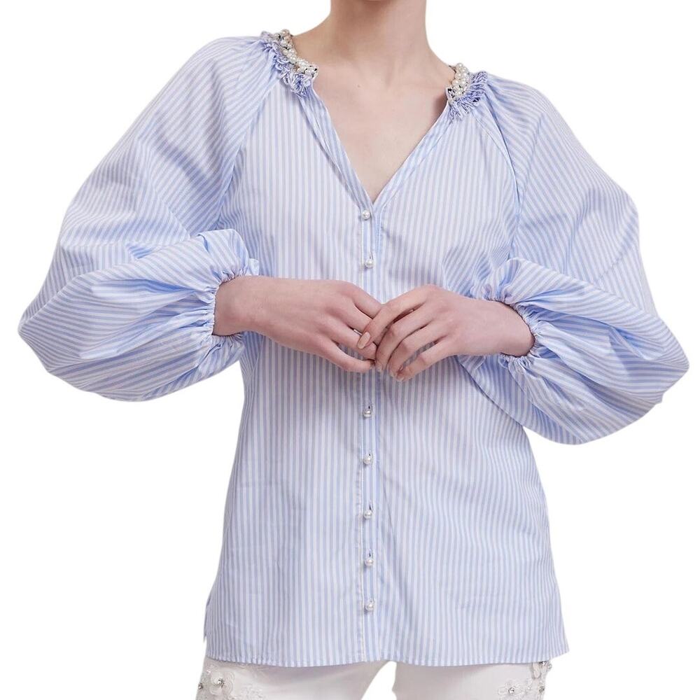 Anne Fontaine Aix Shirt Pearl Neck Size 38 Blue White Pinstripe Button Down - Picture 2 of 12